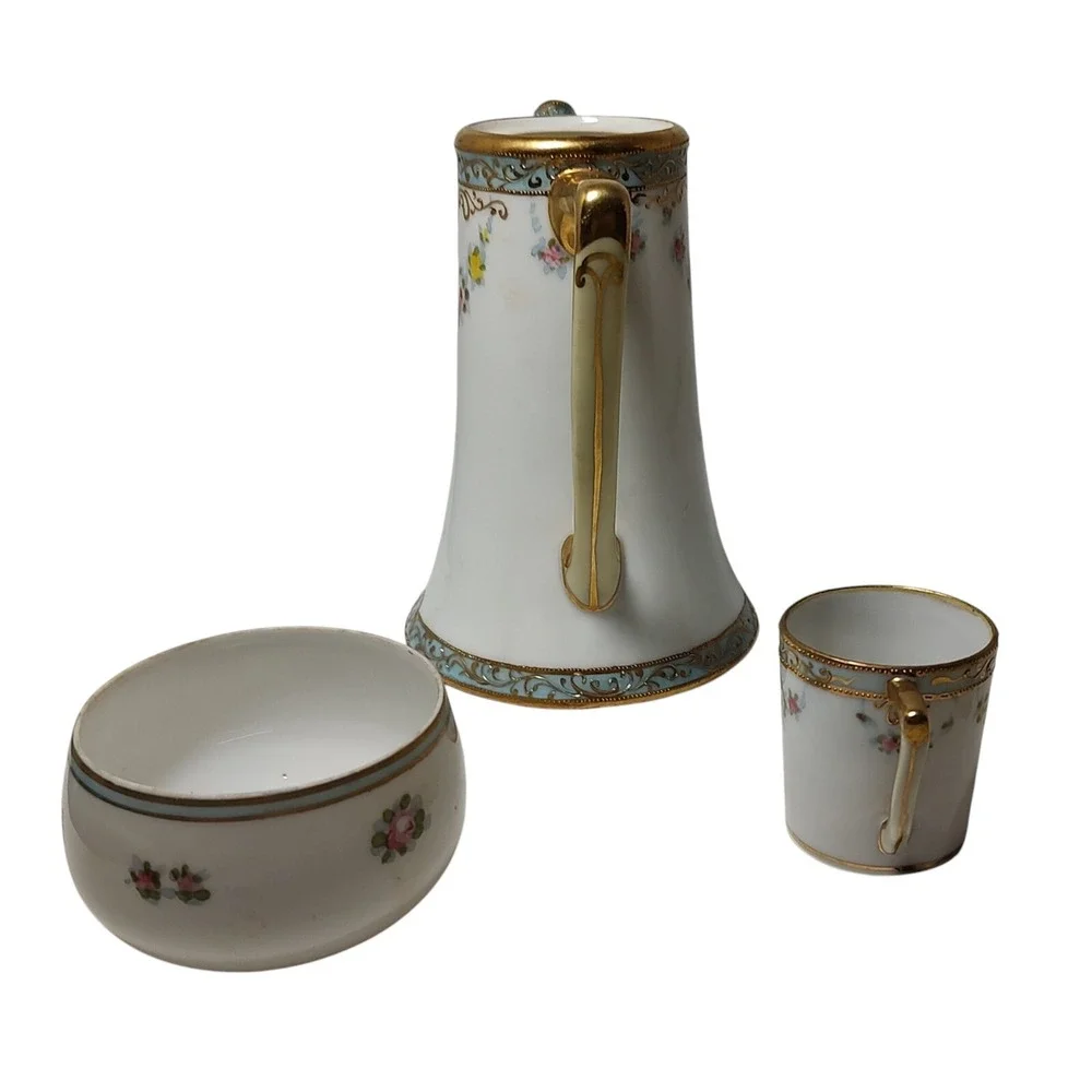 Antique Nippon Chocolate Pot Demitasse Mug Sugar Bowl Gold Moriage‎ Hand Painted
